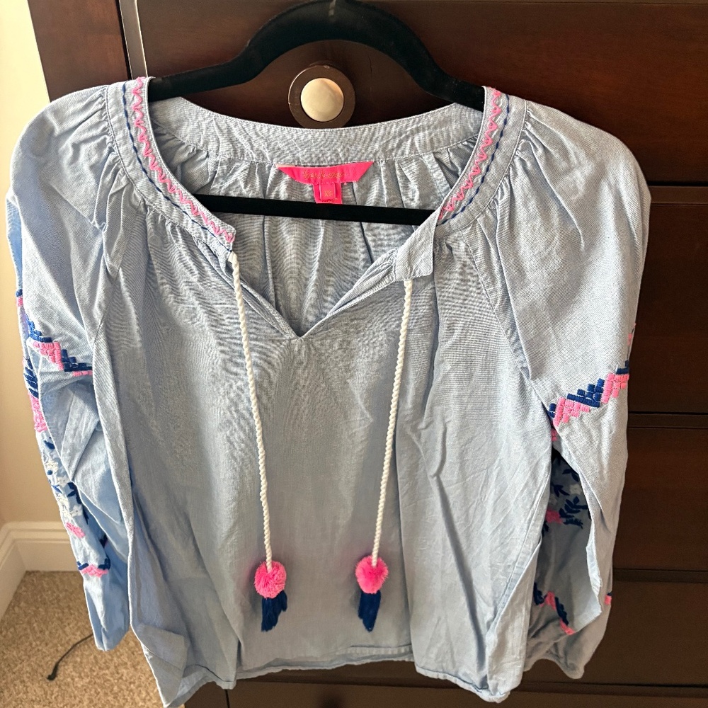 Lilly Pulitzer Keela Embroidered Tassel Top Blouse Long Sleeve Boho Size Small
